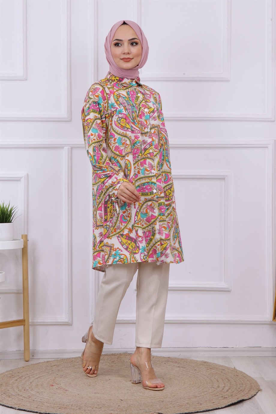 DESENLİ ROBALI TUNİK PEMBE