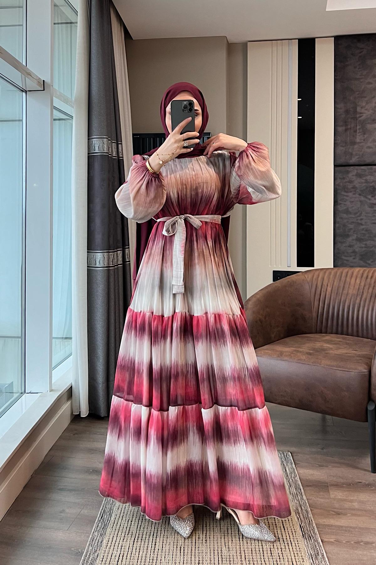 Desenli Şifon Elbise Bordo