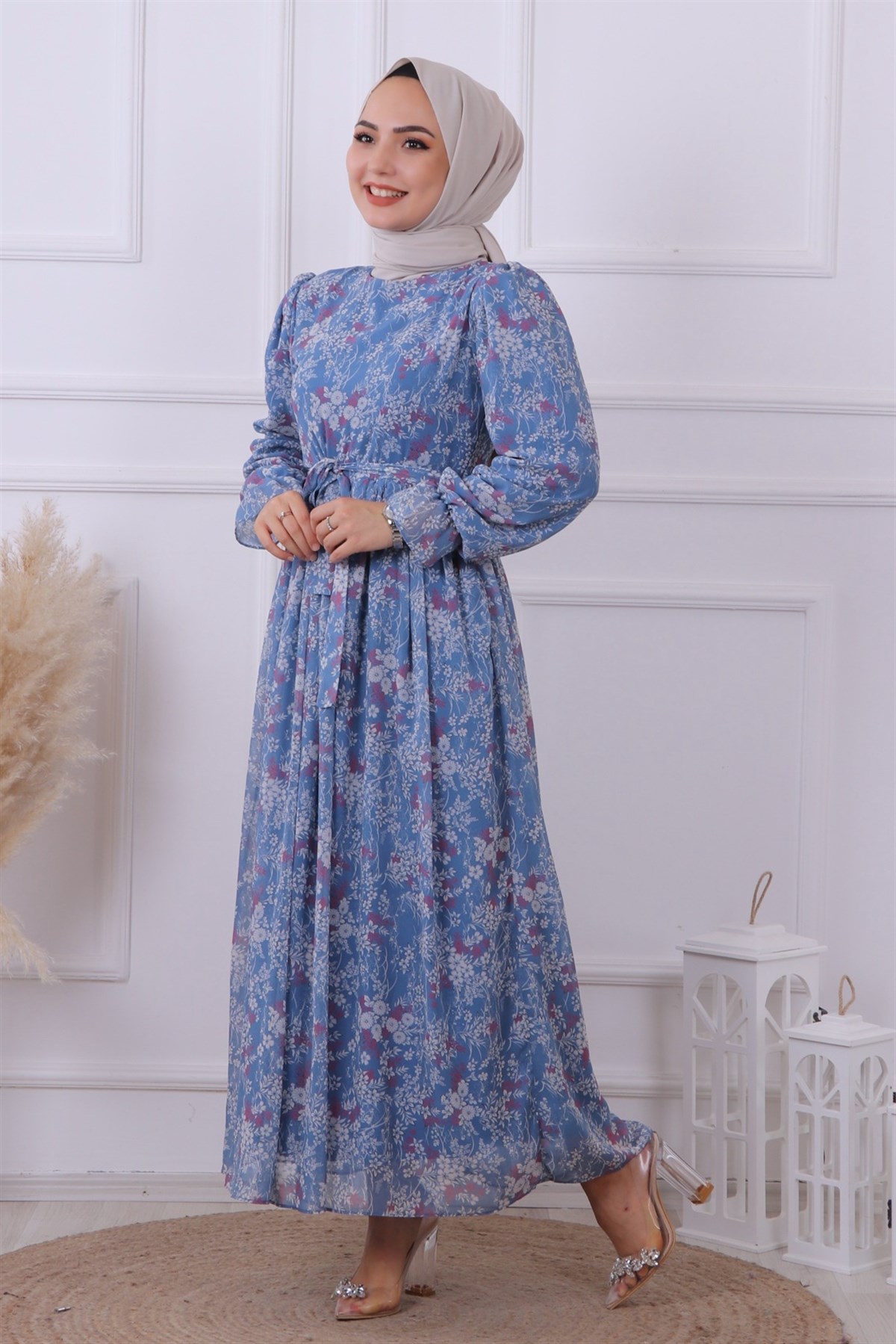 DESENLİ ŞİFON ELBİSE MAVİ