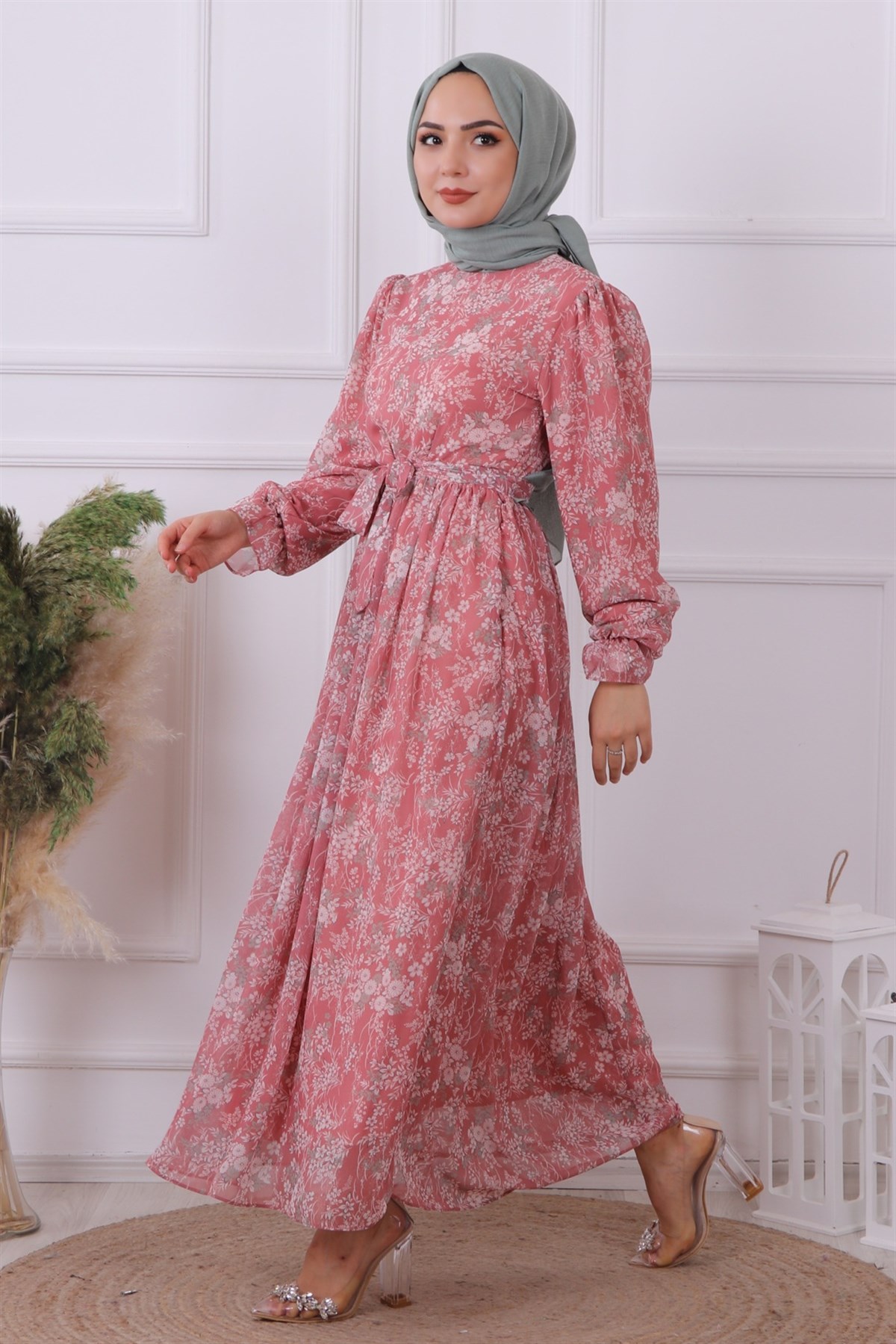 DESENLİ ŞİFON ELBİSE PEMBE