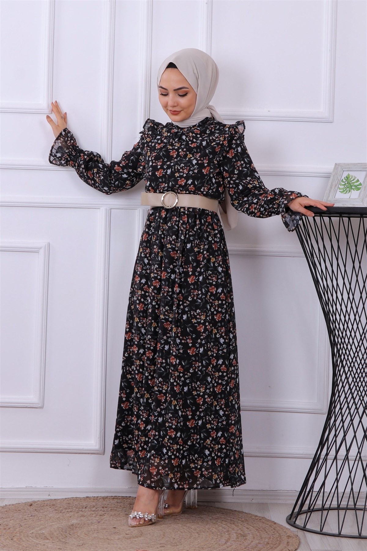 DESENLİ ŞİFON ELBİSE SİYAH