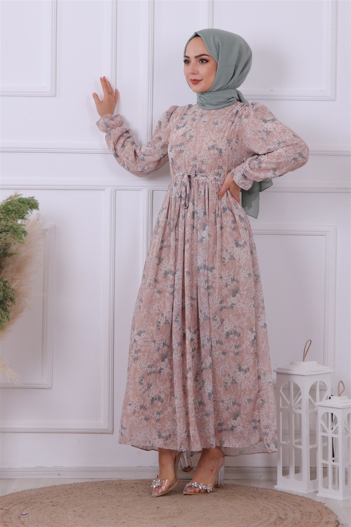 DESENLİ ŞİFON ELBİSE TAŞ