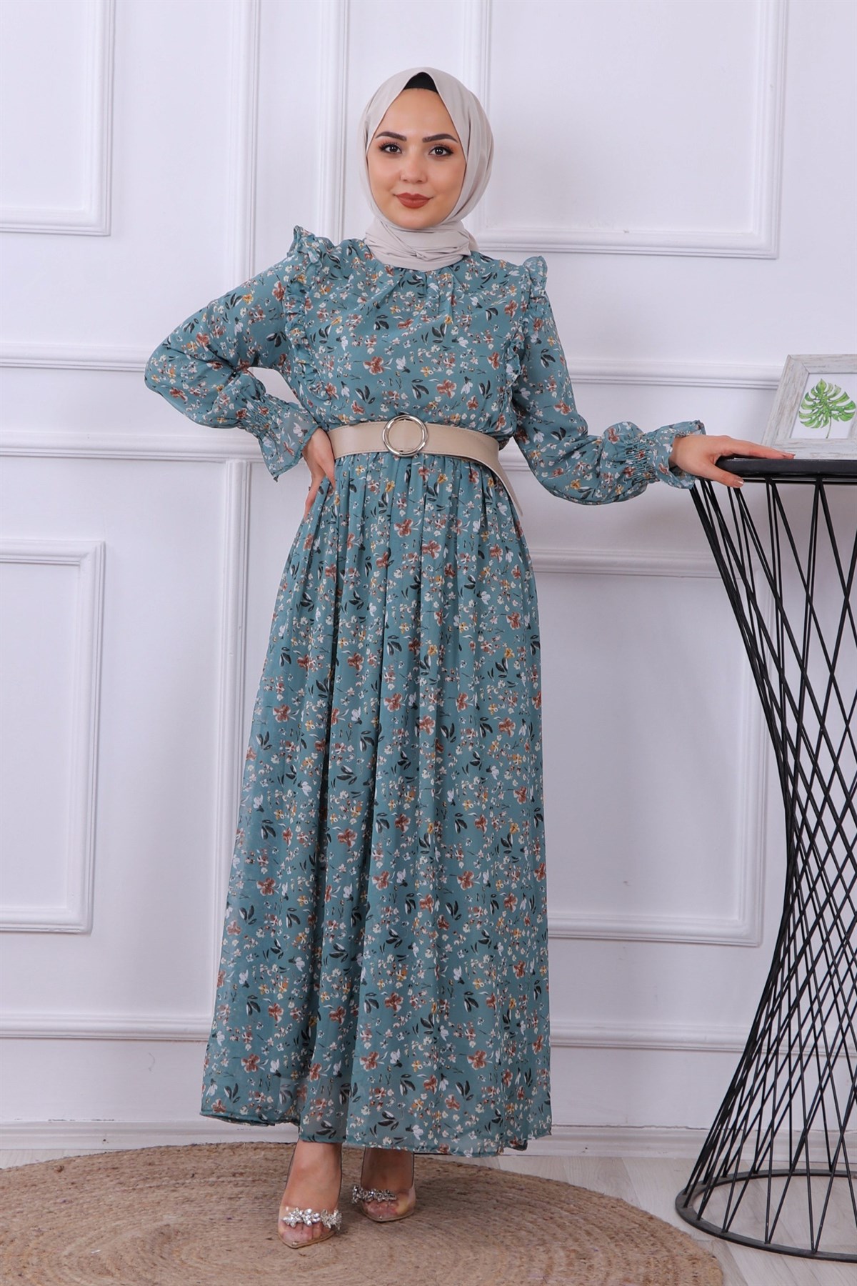 DESENLİ ŞİFON ELBİSE YEŞİL