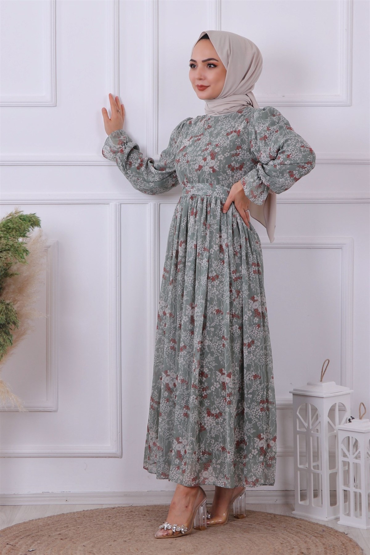 DESENLİ ŞİFON ELBİSE YEŞİL