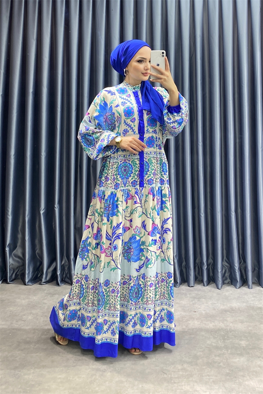 Desenli viskon elbise mavi