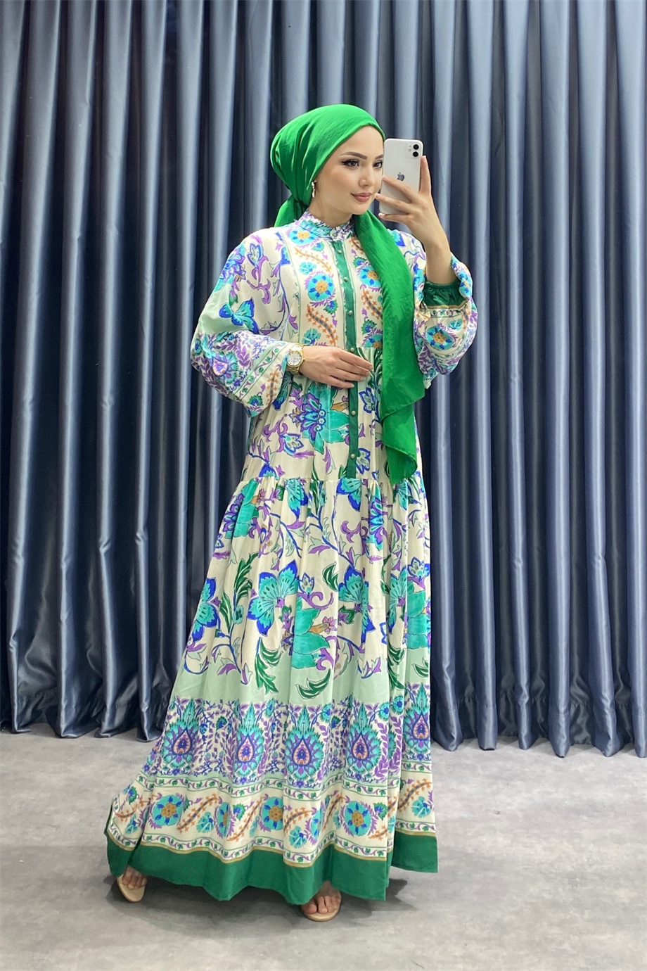 Desenli viskon elbise yeşil