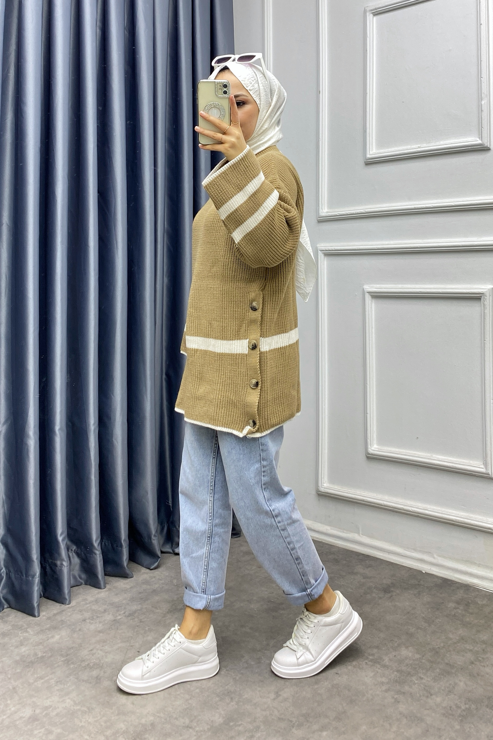 Düğme Detaylı triko tunik Camel