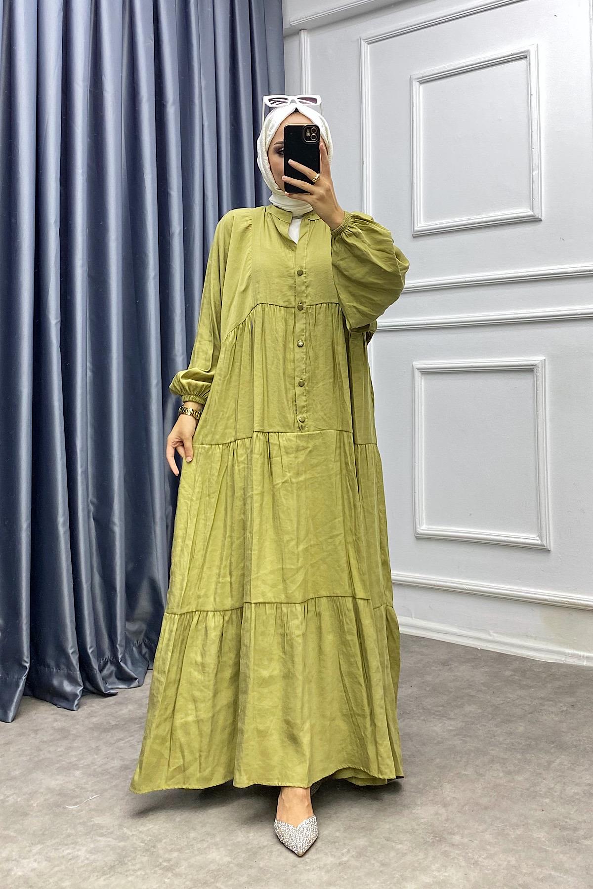 Düğmeli Elbise Yağ yeşili 