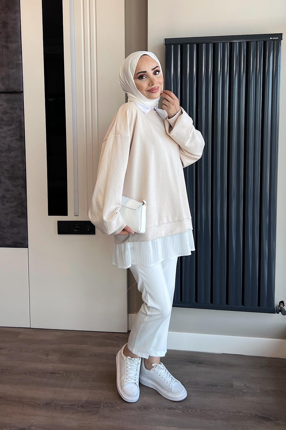 Kendinden Pileli Taşlı Sweat BejDubaiShowroomSWEAT010010-Bj