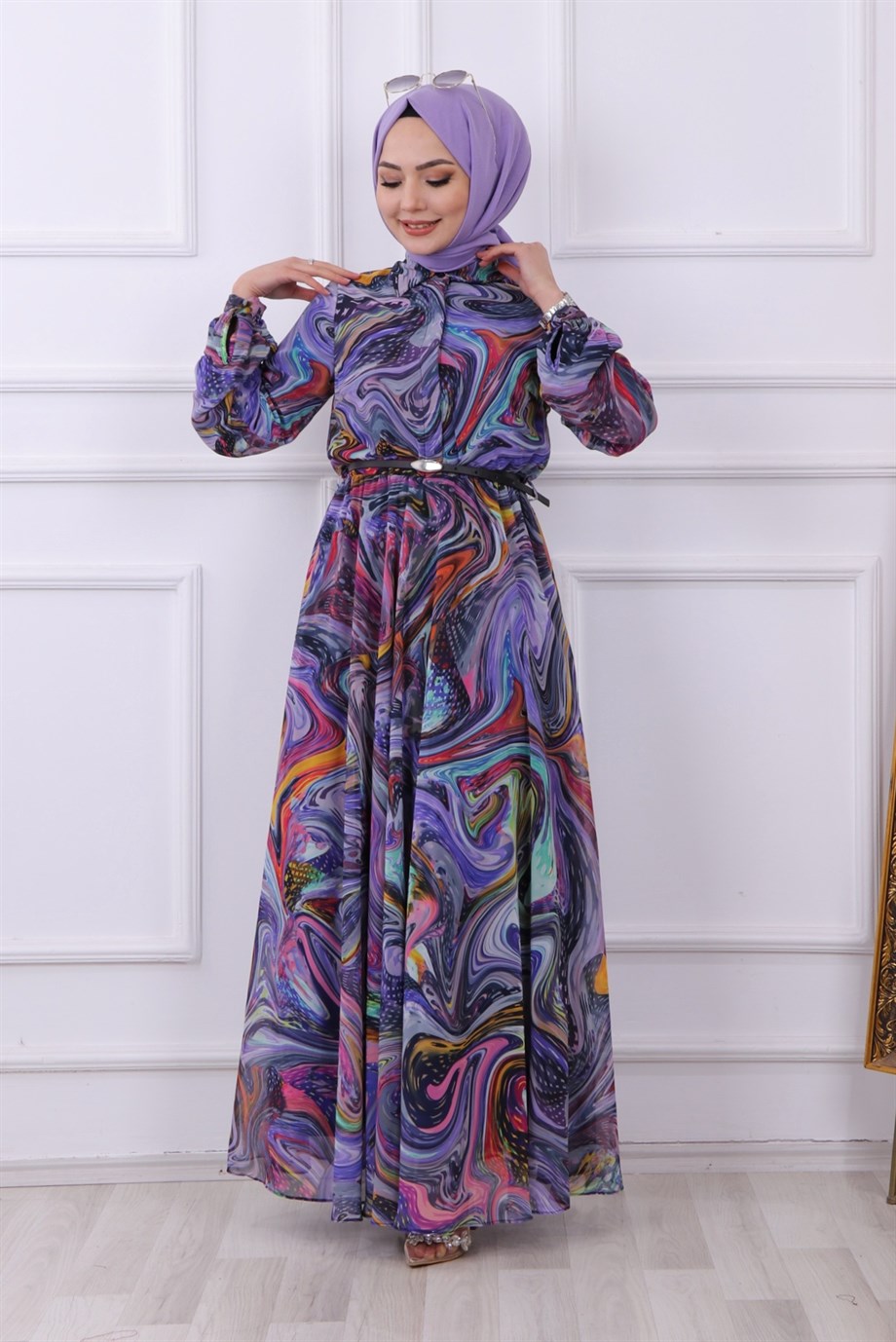 EBRU DESEN ELBİSE MOR