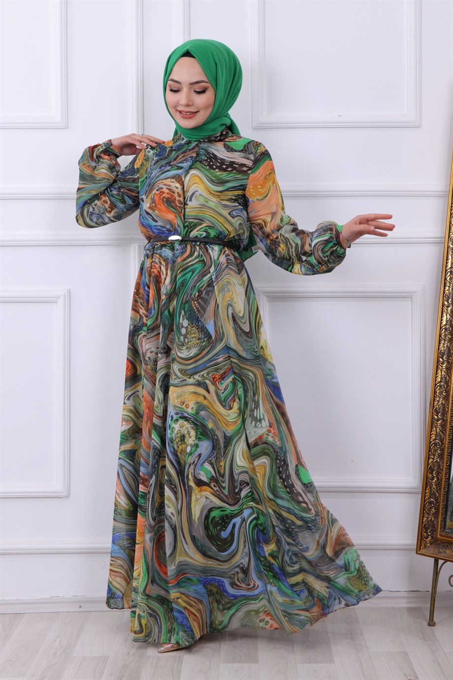 EBRU DESEN ELBİSE YEŞİL