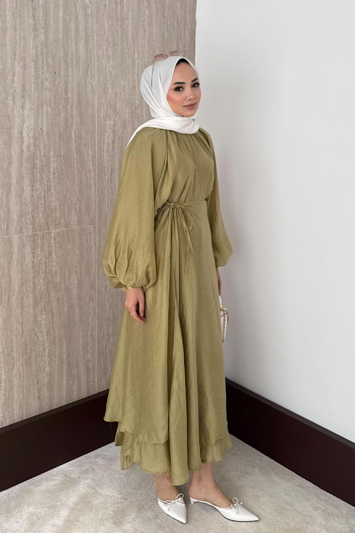 Balon kol Üçlü Etekli Takım  Yağ YeşiliDubaiShowroomTAKIM23831