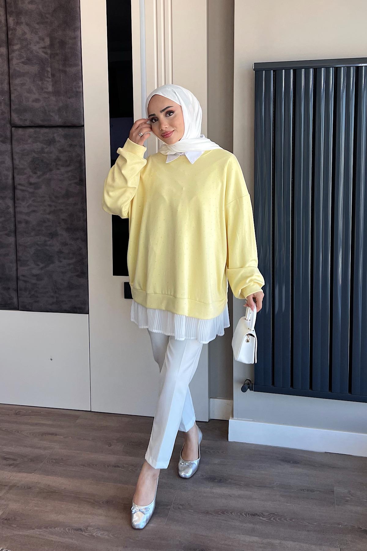 Kendinden Pileli Taşlı Sweat SarıDubaiShowroomSWEAT01069