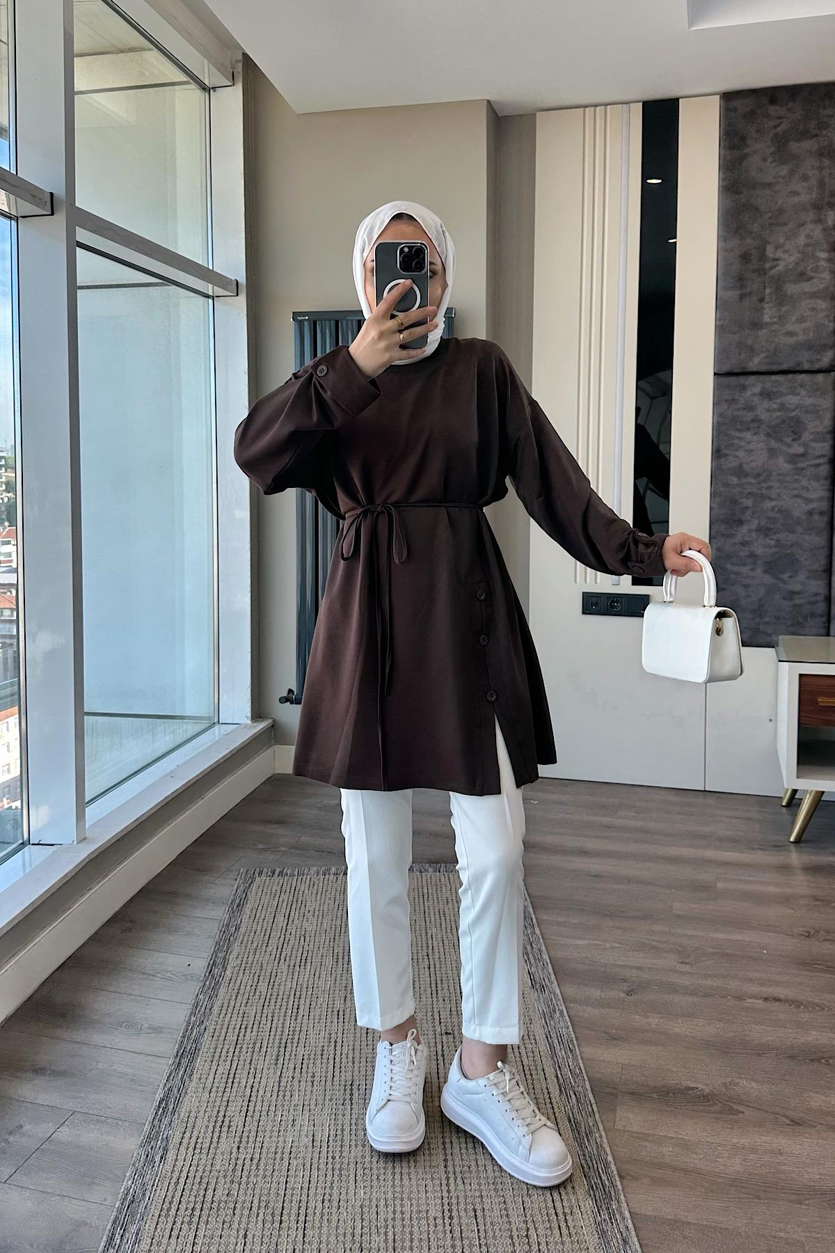 Düğme Detaylı Tunik Kahverengi DubaiShowroomÜST GİYİM17031