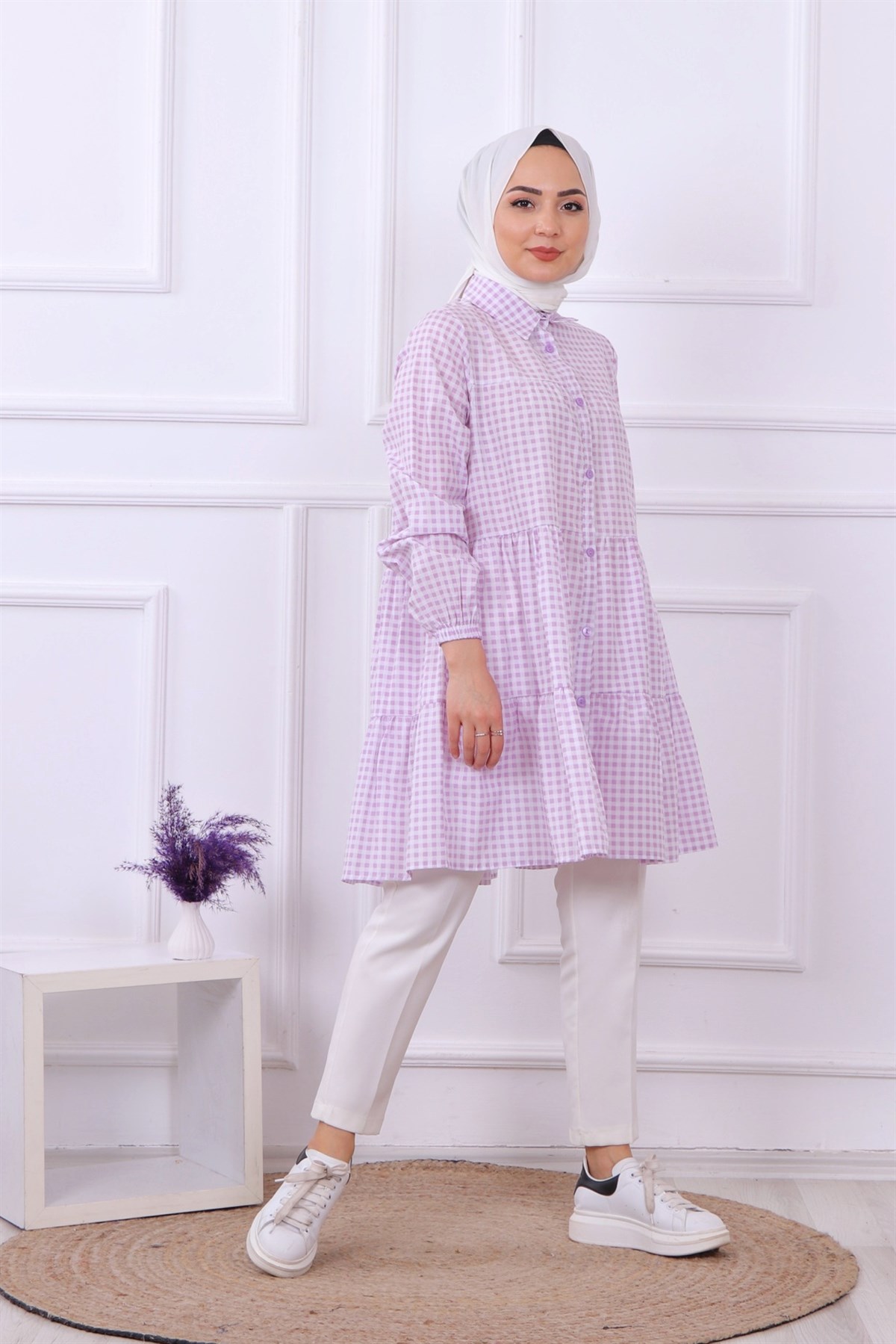 ekose desenli tunik lila-beyaz