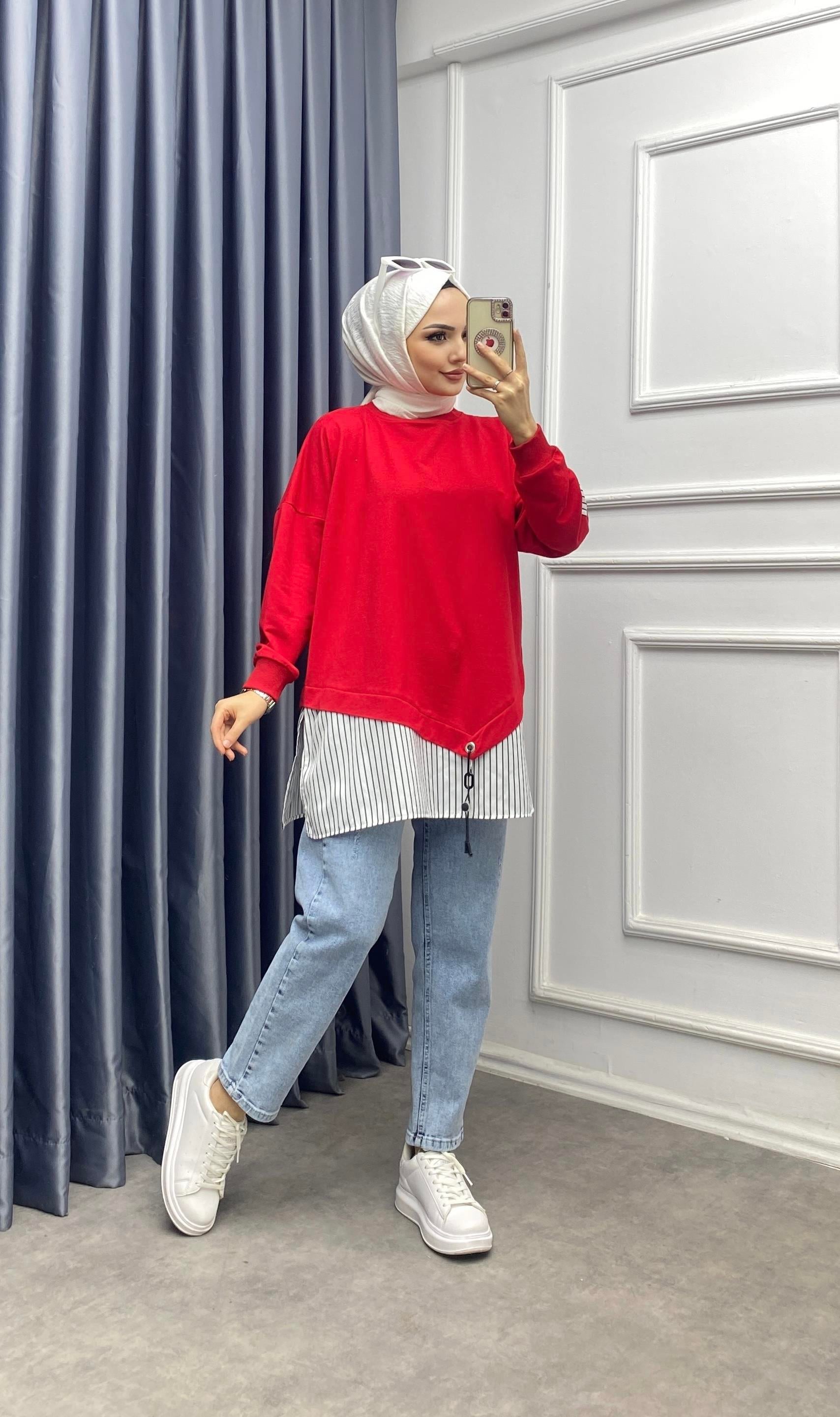 Eteği çizgili sweat Kırmızı
