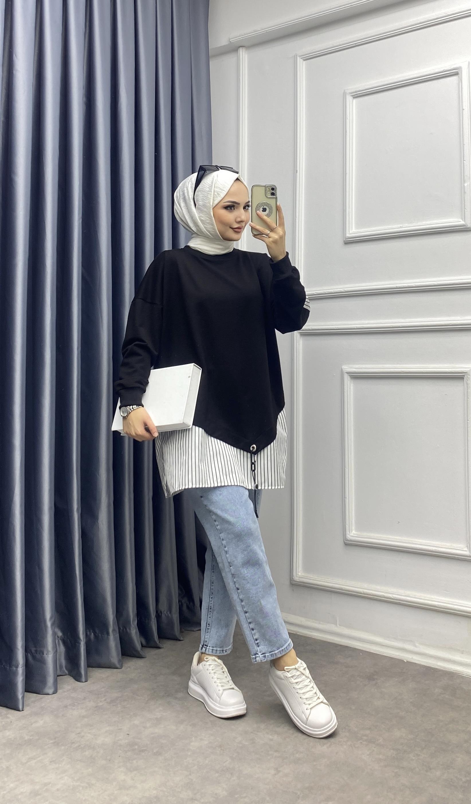 Eteği çizgili sweat siyah