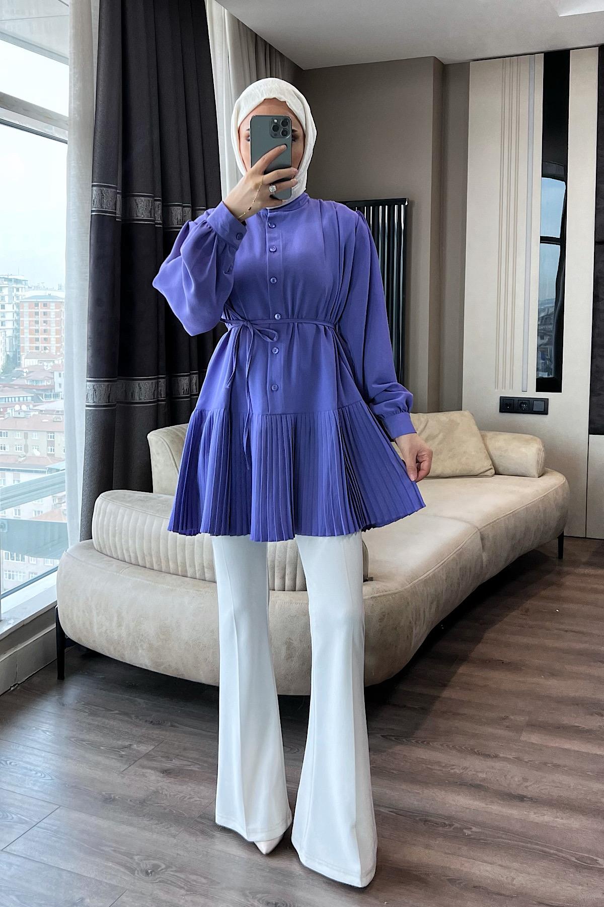 Eteği Pileli hakim yaka linda Lila