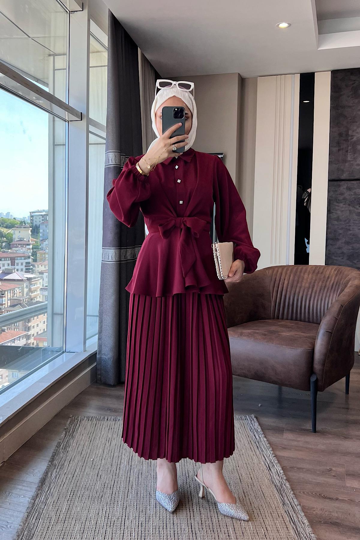 Eteği pileli Önü Bağlamalı Takım Bordo