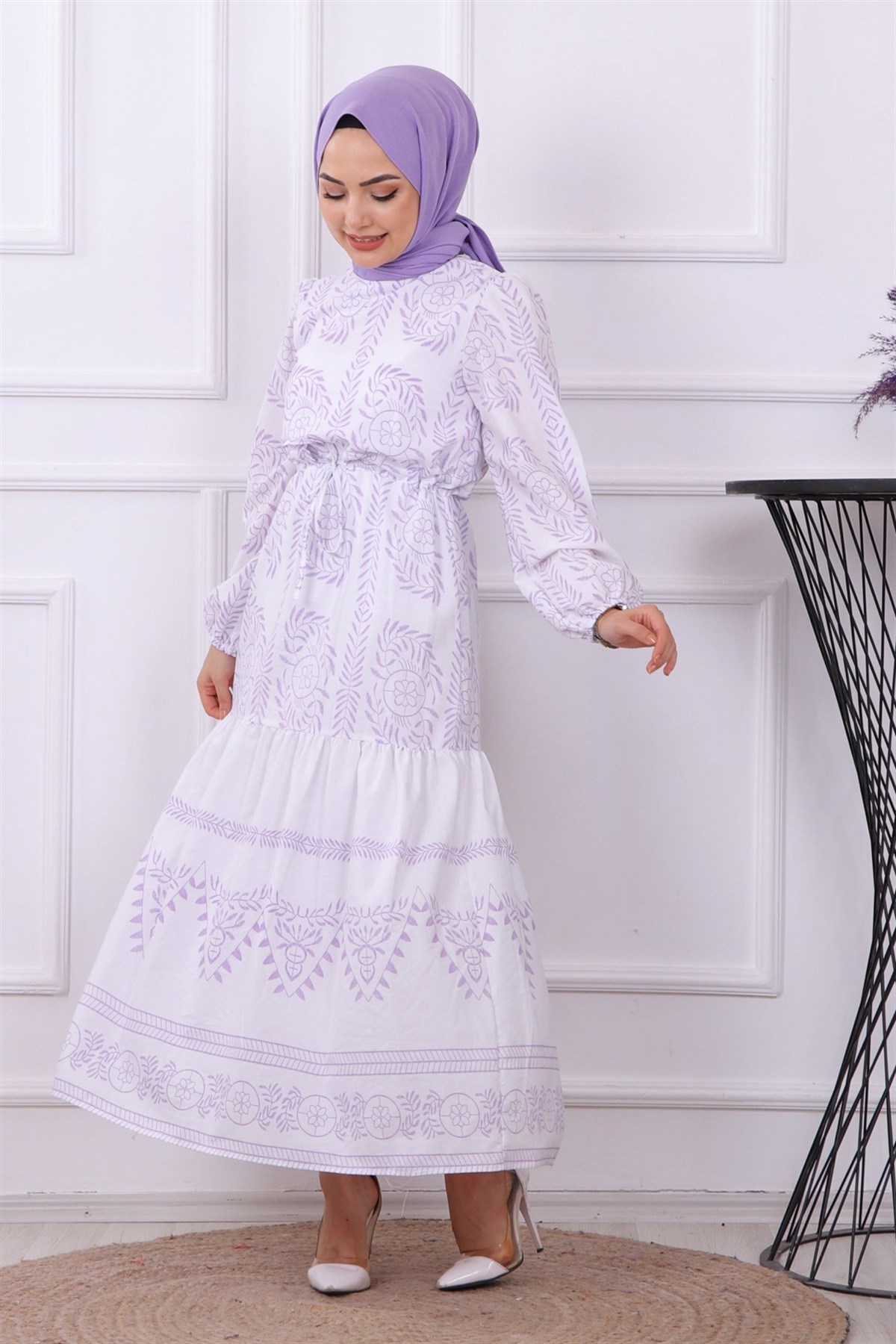ETNİK DESEN ELBİSE LİLA