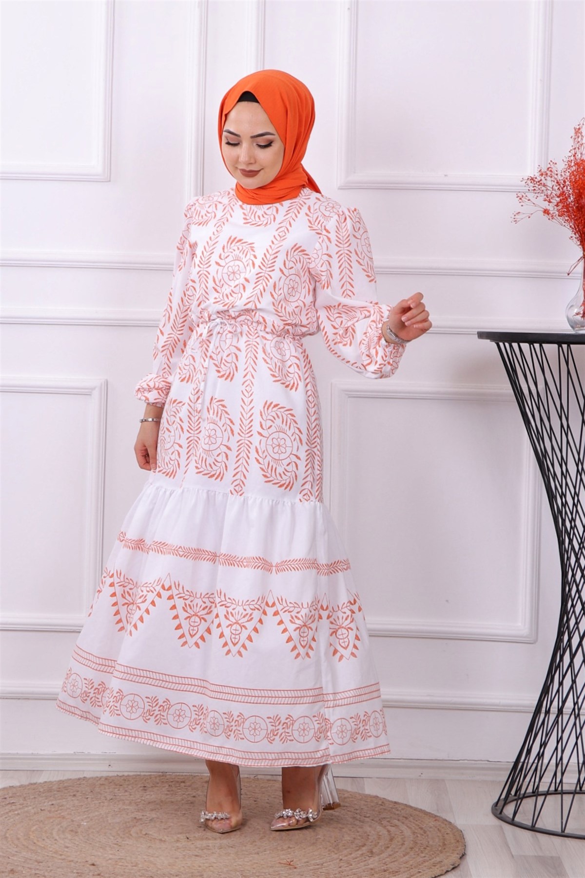 ETNİK DESEN ELBİSE TURUNCU