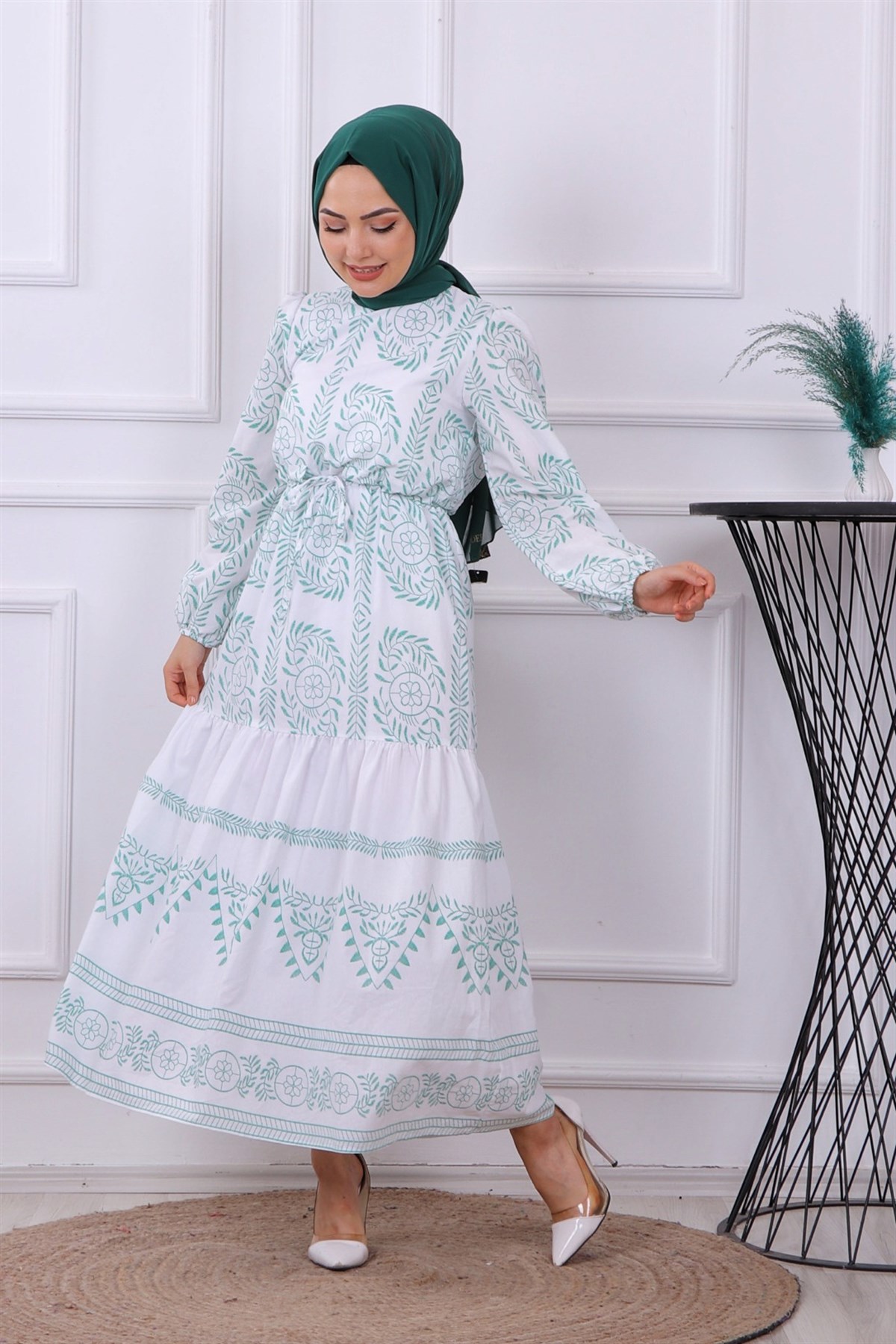 ETNİK DESEN ELBİSE YEŞİL