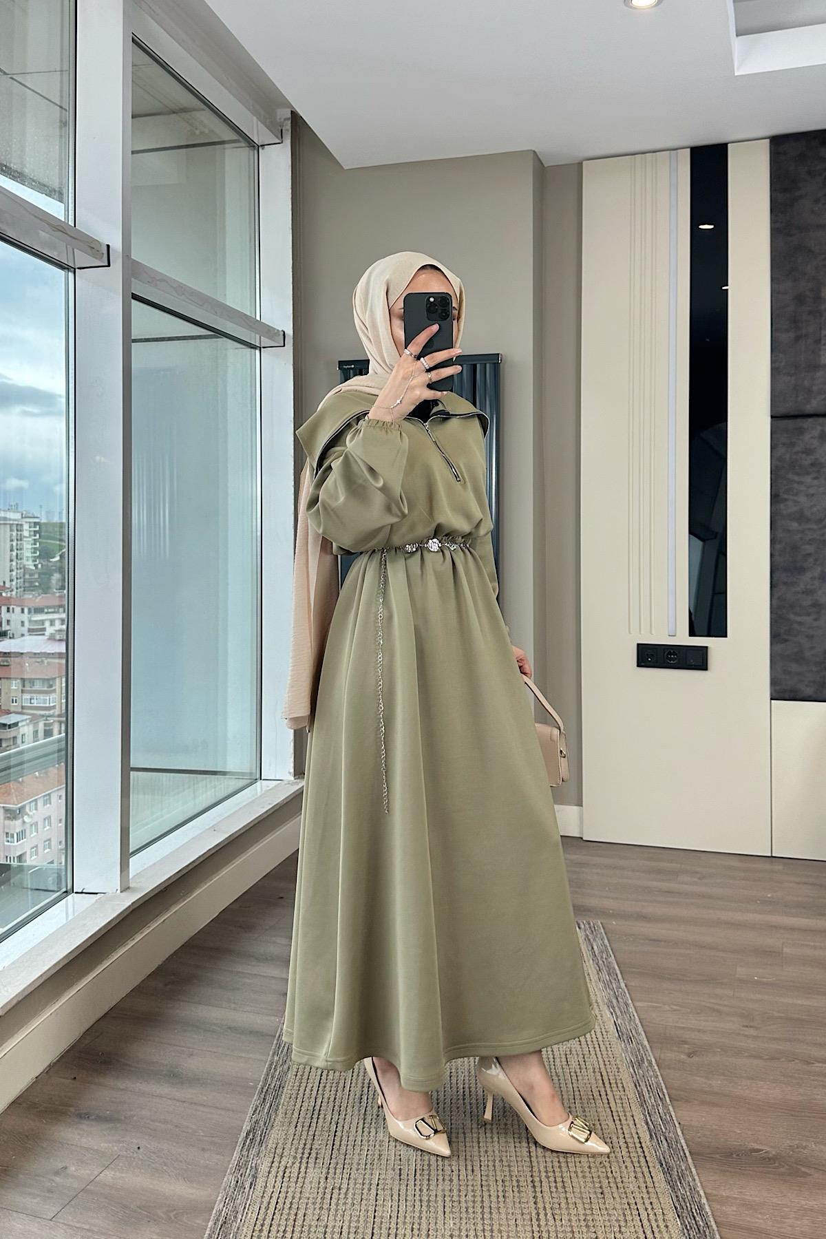 Yakası Geniş Skuba Elbise YeşilDubaiShowroomELBİSELER01053