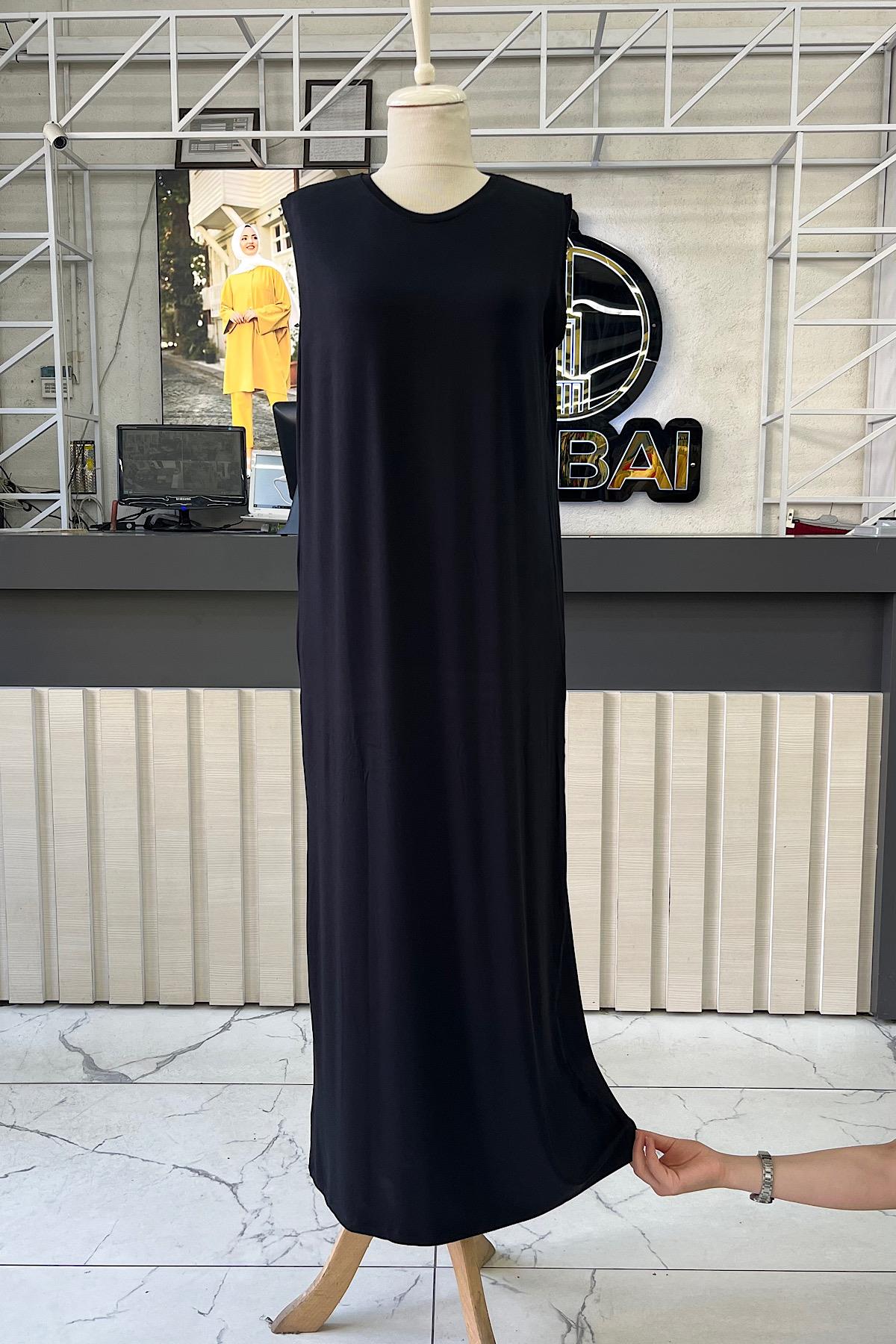 Pamuklu Sıfır kol içlik Elbise Siyah-DubaiShowroomÜST GİYİM01089