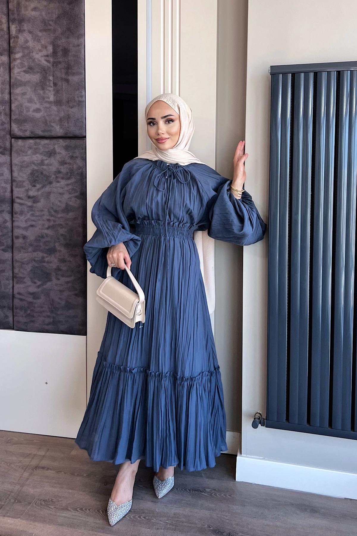 Kraşlı Vual Etekli Takım-İndigoDubaiShowroomTAKIM02326-İNDGO