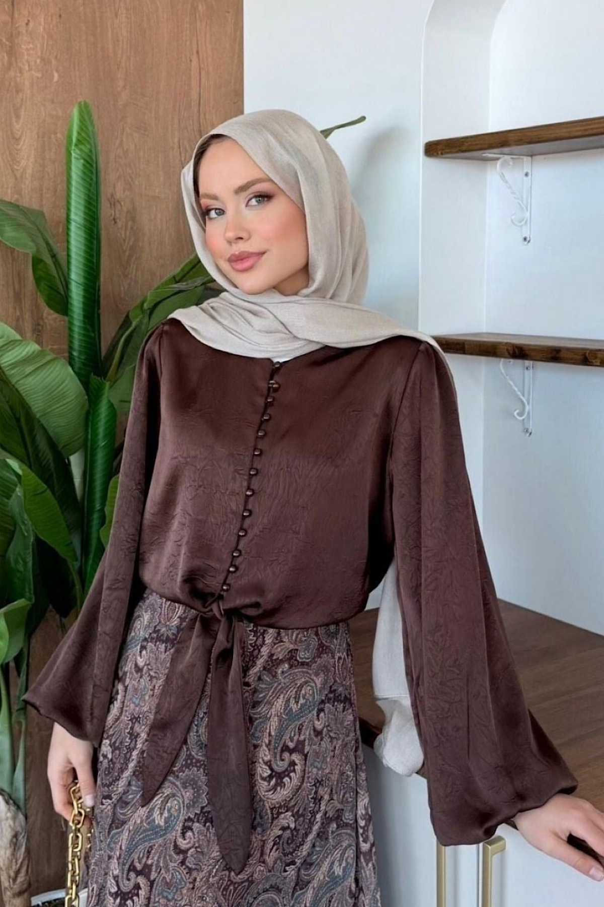 Balon Kol Saten Gömlek KahveDubaiShowroomÜST GİYİM01185