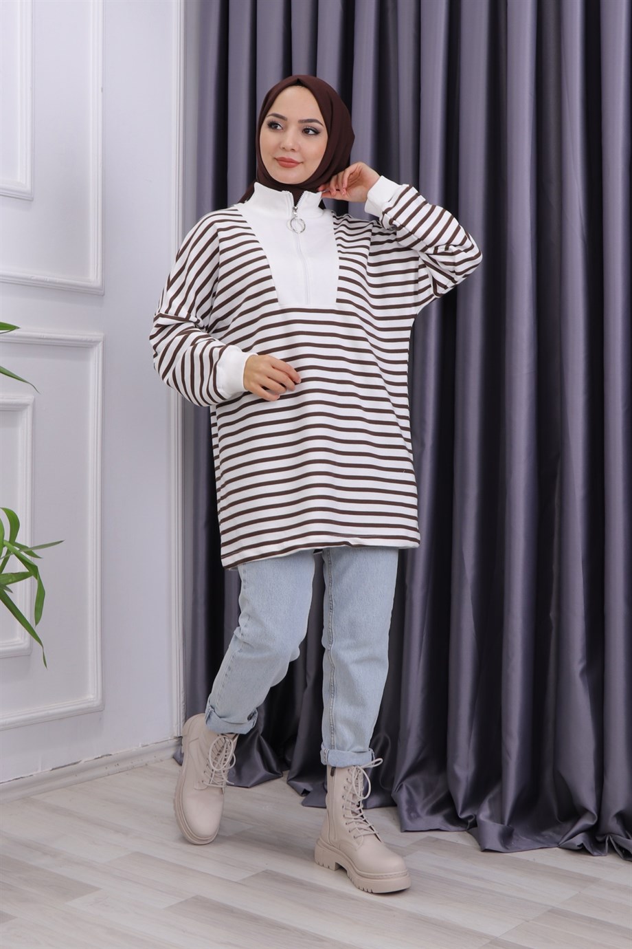 FERMUAR DETAYLI ÇİZGİLİ SWEAT KAHVE