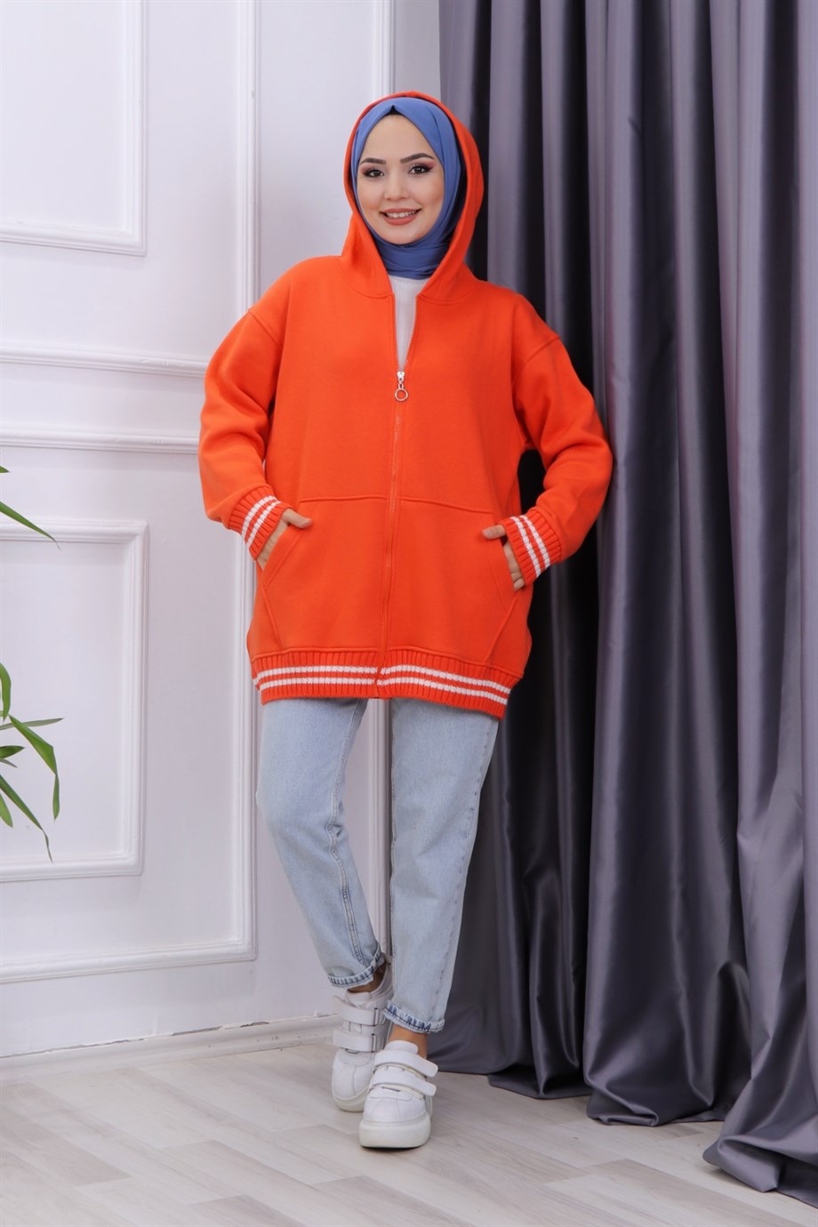FERMUARLI ÜÇ İPLİK HIRKA TURUNCU