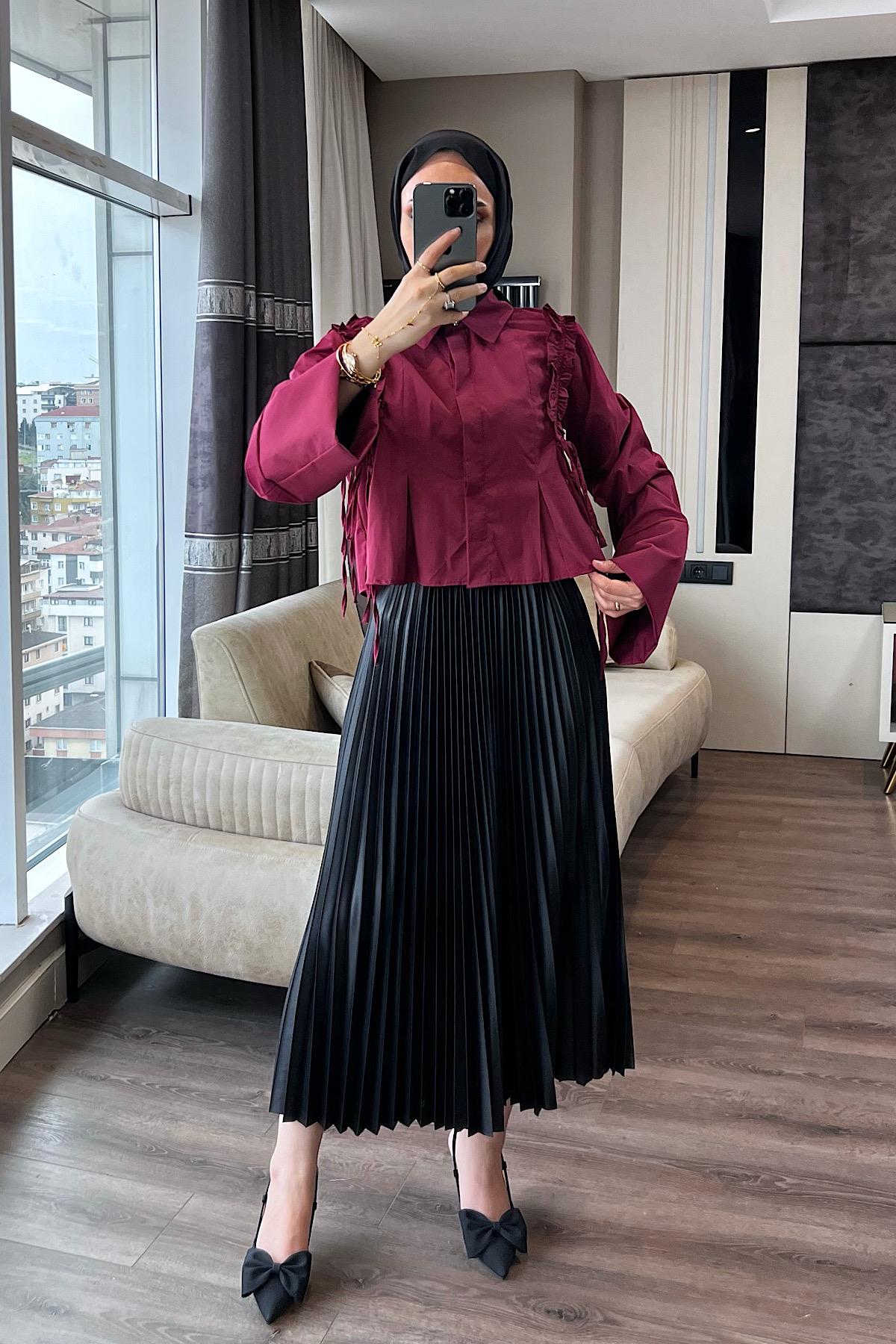 Fırfırlı Etek Üstü Gömlek Bordo 