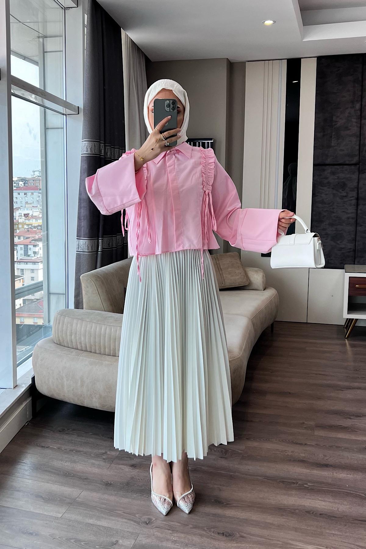 Fırfırlı Etek Üstü Gömlek Pembe