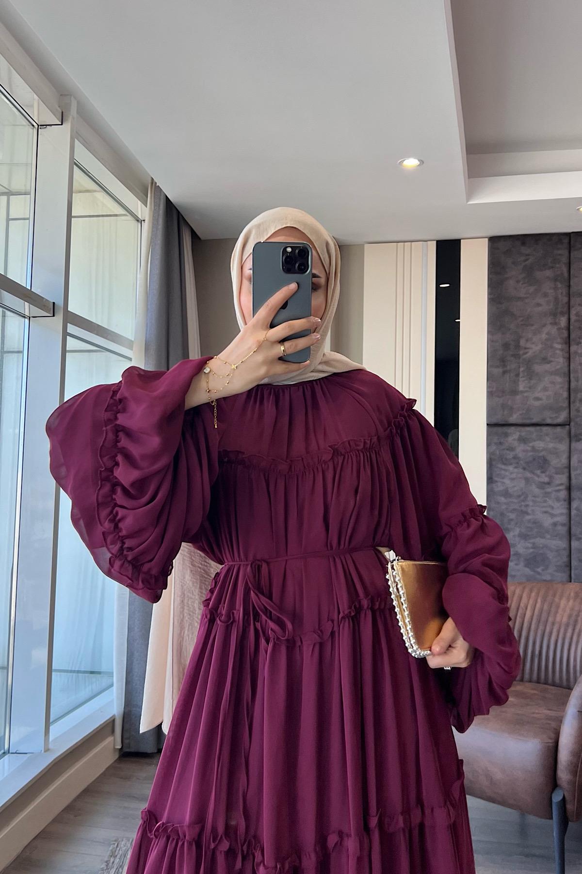Fırfırlı Şifon Elbise Bordo