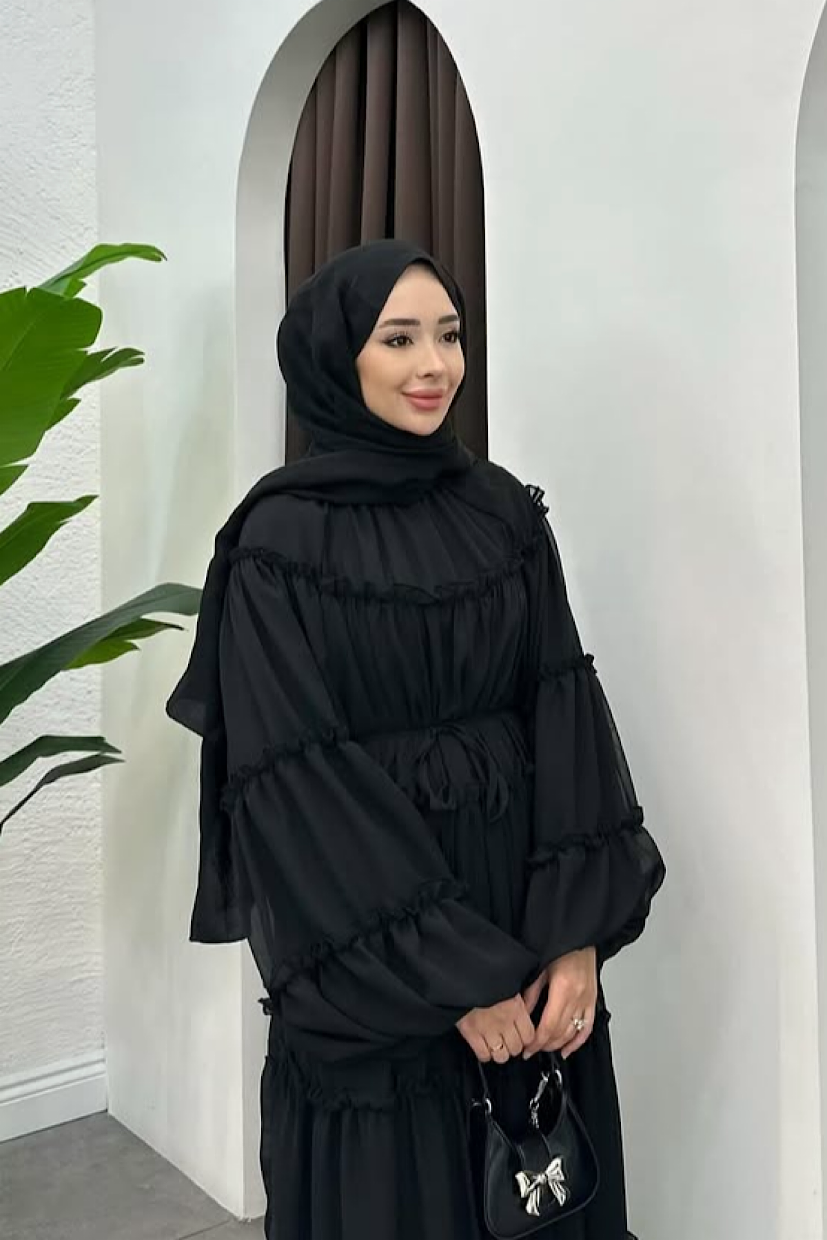 Fırfırlı Şifon Elbise Siyah