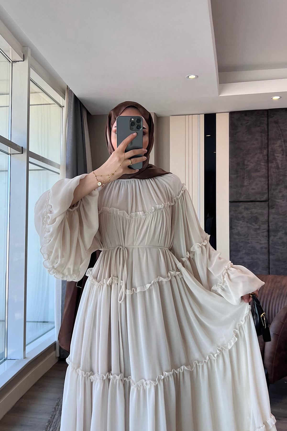 Fırfırlı Şifon Elbise Taş