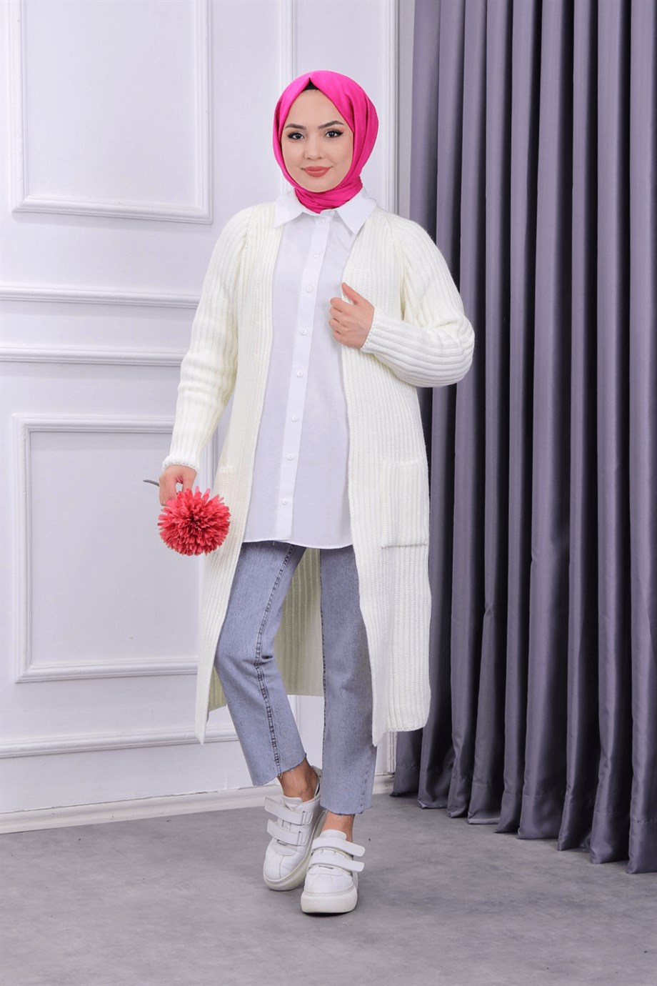 Fitilli hırka beyaz