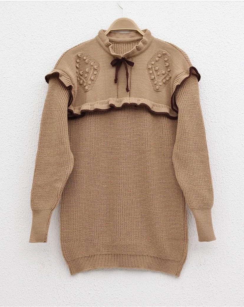 Fiyonk Detaylı Triko Tunik Camel
