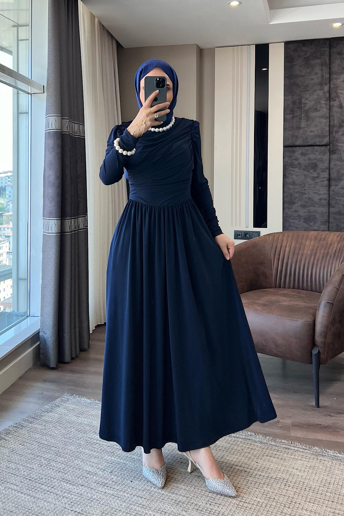 Göğüs Büzgü Detay Sandy Elbise Lacivert