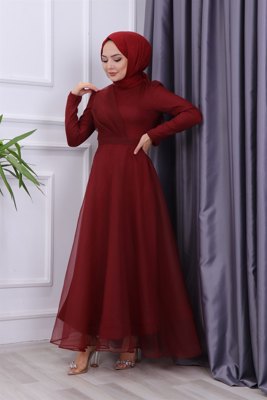 GÖĞÜS DRAPE DETAYLI  ABİYE  BORDO