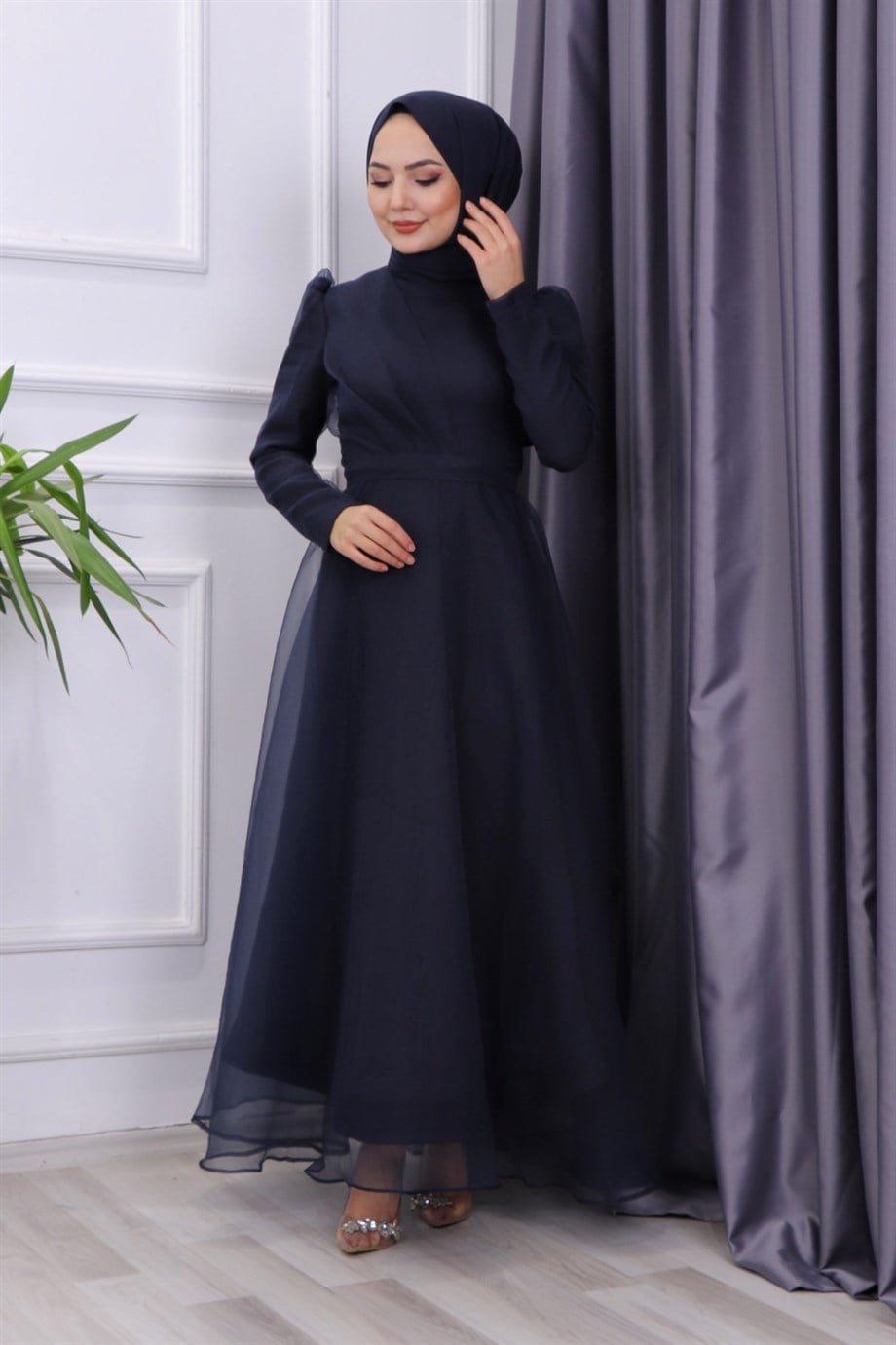 GÖĞÜS DRAPE DETAYLI  ABİYE  LACİVERT