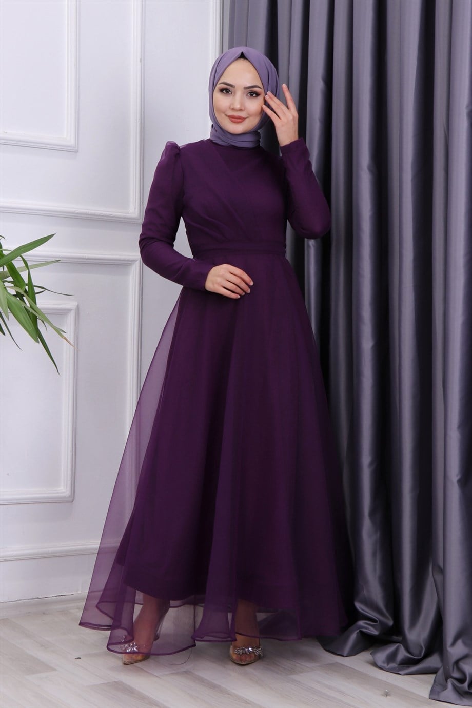 GÖĞÜS DRAPE DETAYLI  ABİYE  MOR