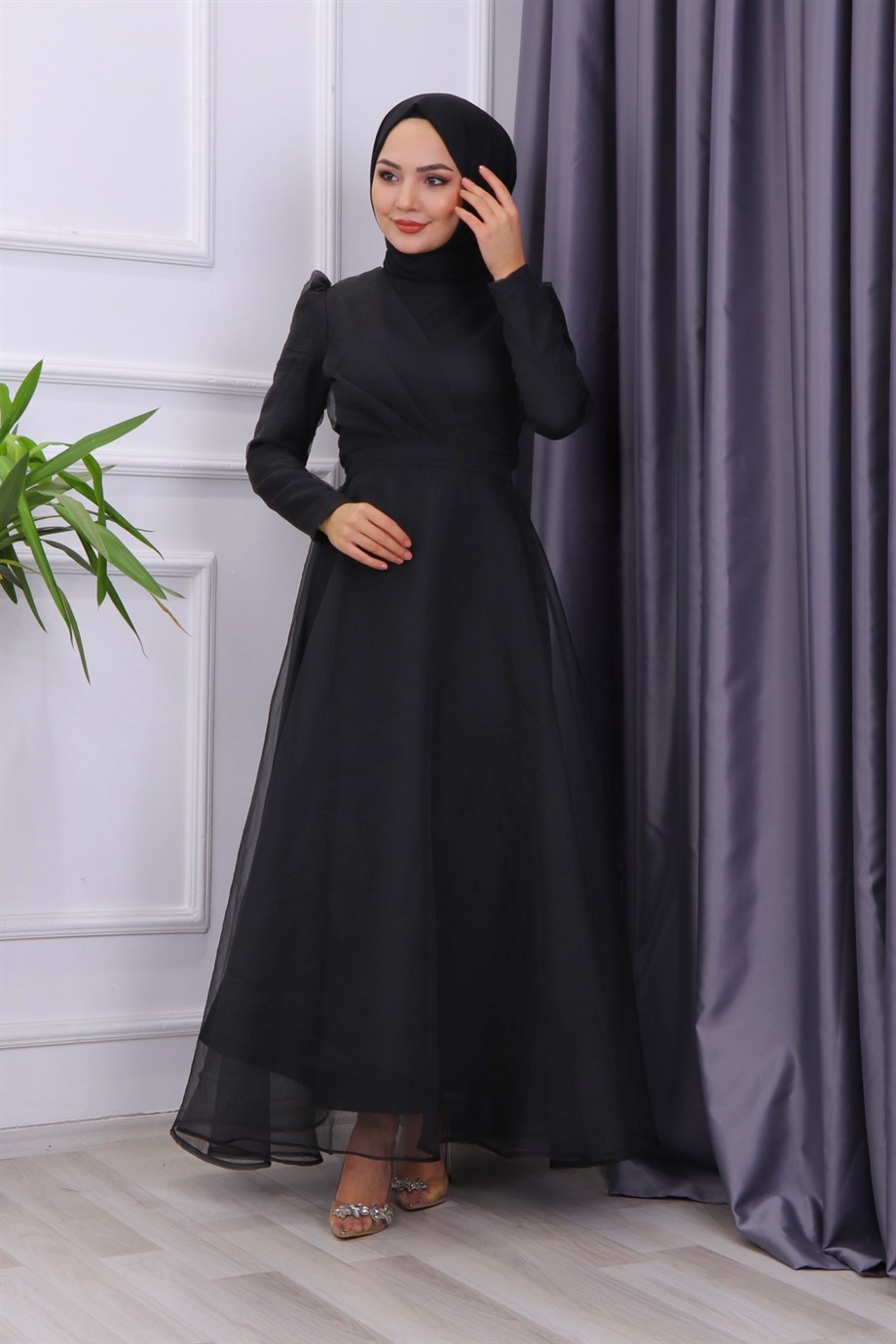 GÖĞÜS DRAPE DETAYLI  ABİYE  SİYAH