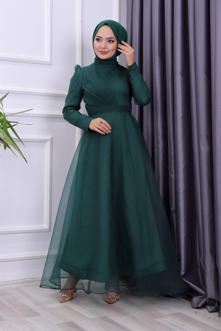 GÖĞÜS DRAPE DETAYLI  ABİYE YEŞİL