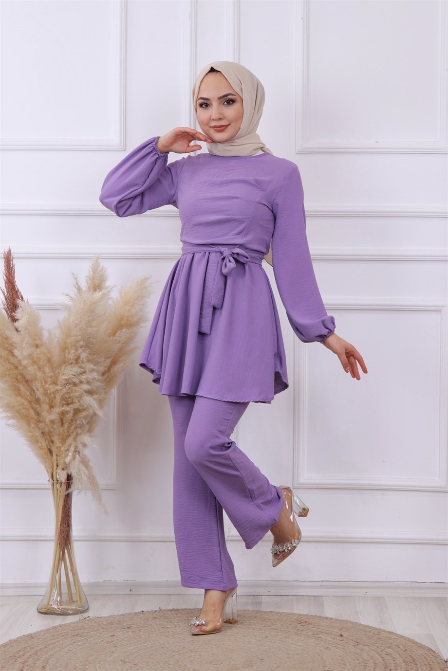 GÖĞÜS PİLE DETAYLI İKİLİ TAKIM LİLA