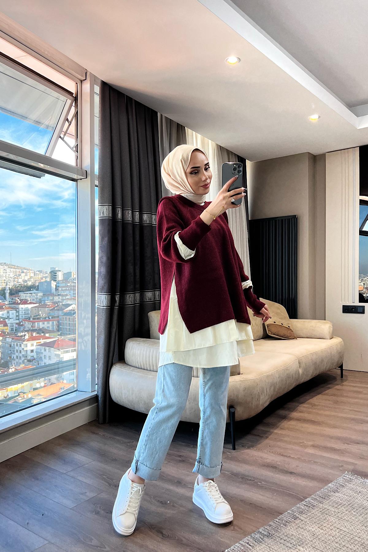 Gömlek Detaylı Triko Tunik Bordo