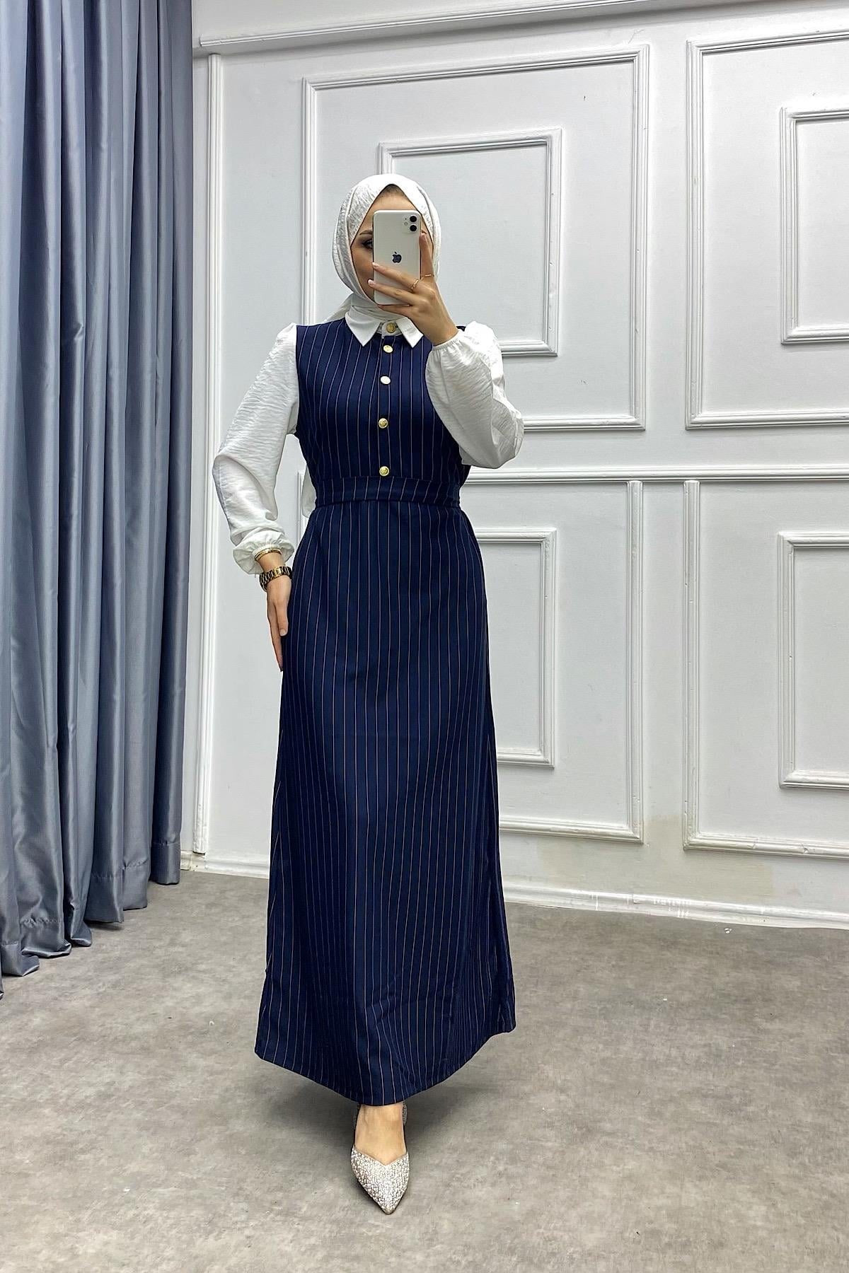 Gömlek yaka Çizgili Elbise Lacivert