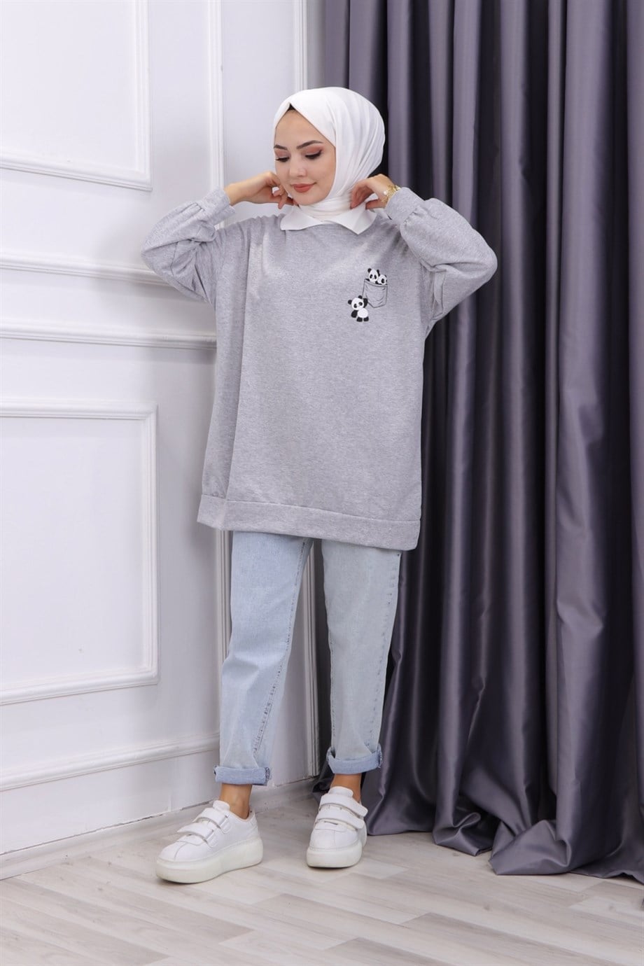 GÖMLEK YAKA PANDALI SWEAT GRİ