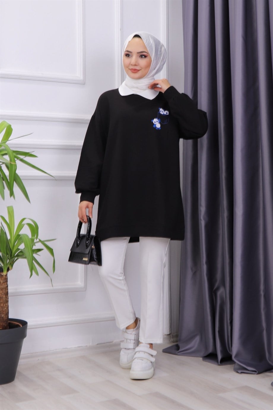 GÖMLEK YAKA PANDALI SWEAT SİYAH